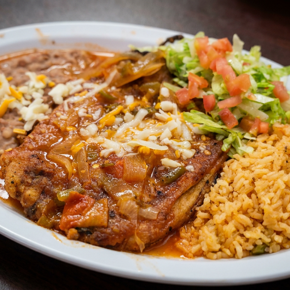 Mexican-style platter with sauced chicken, refried beans, Mexican rice, and lettuce tomato salad on a white plate.