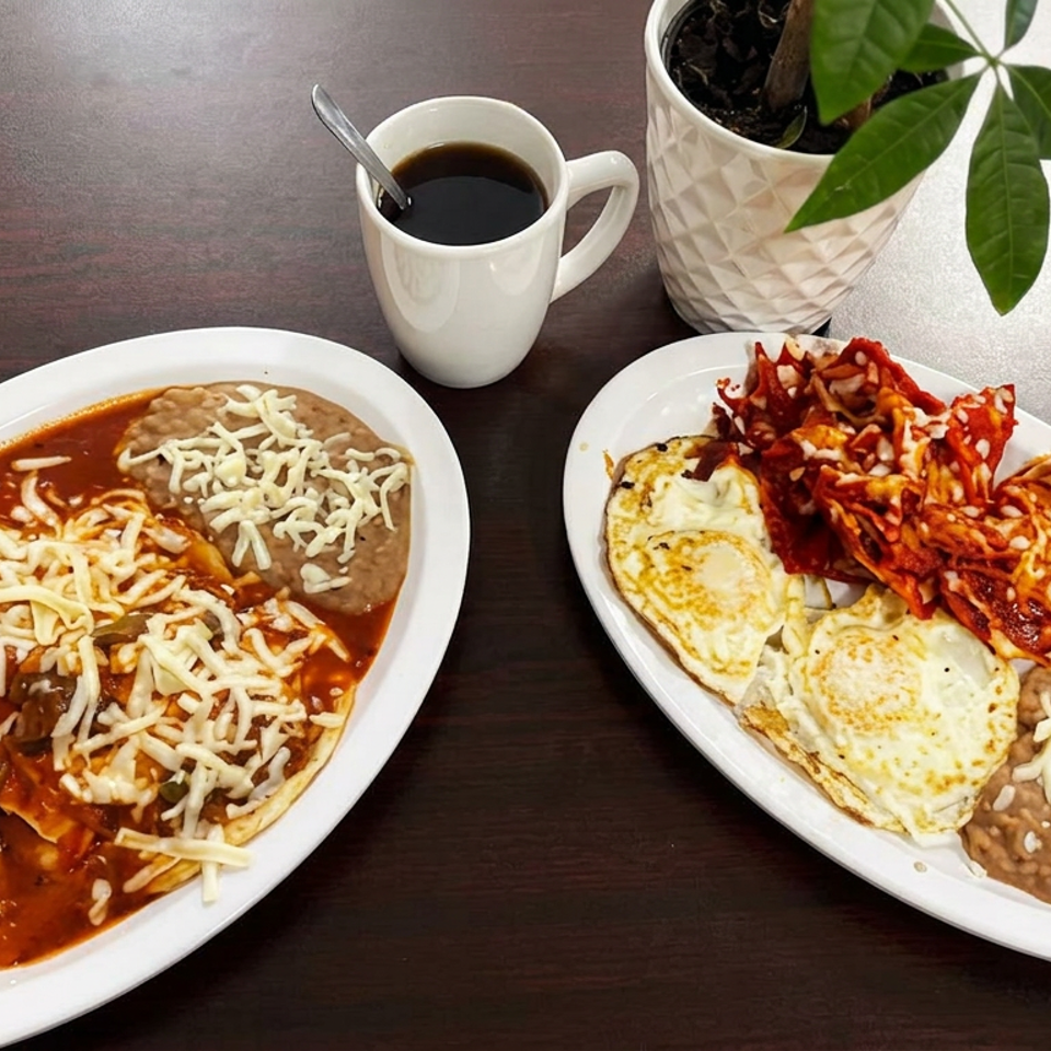 Two plates of Mexican cuisine with enchiladas, eggs, rice, beans, cheese, salsa, and black coffee on a dining table.