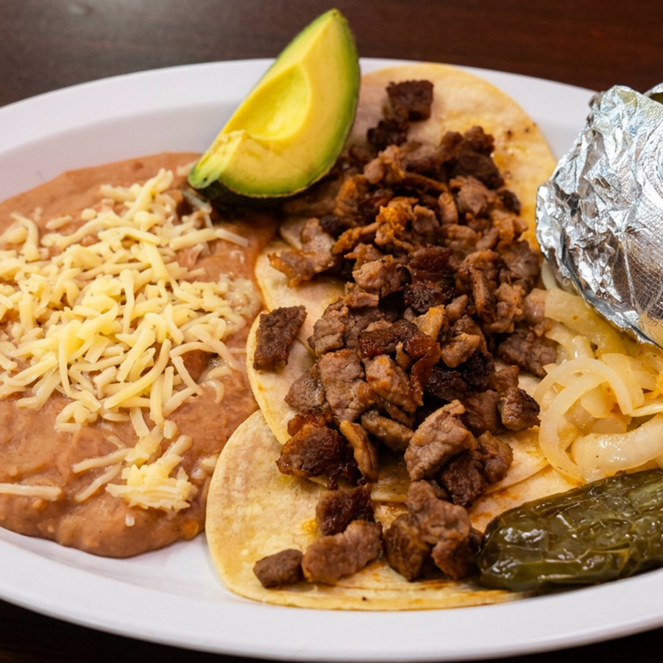 Plate of steak tacos with refried beans, avocado, grilled onions, foil-wrapped baked potato, and roasted pepper.