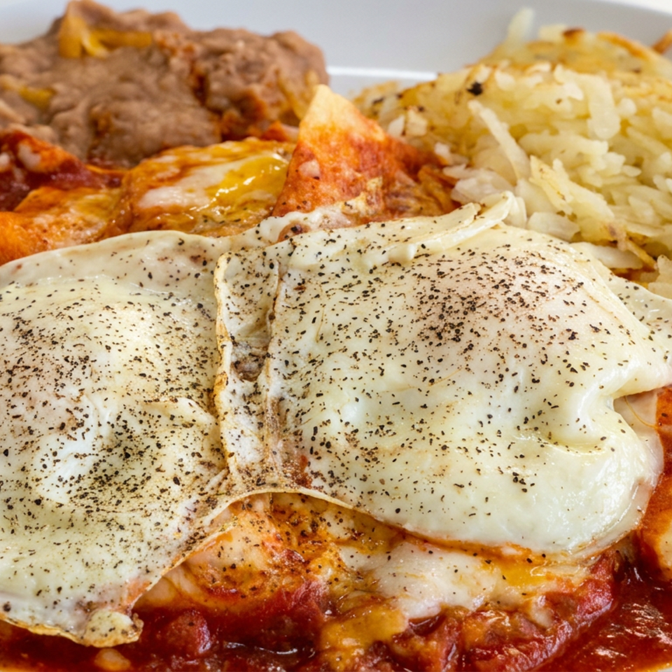 Mexican-style plate with two fried eggs over enchiladas, red sauce, refried beans, and seasoned rice.
