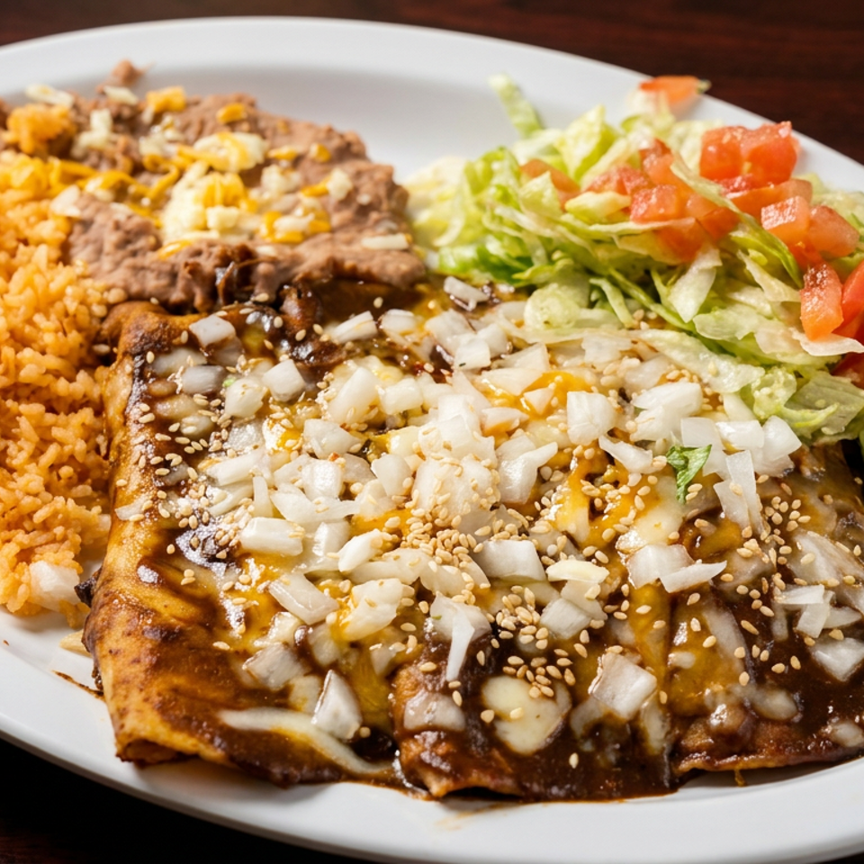Plated Mexican meal with enchiladas topped with onions and sesame seeds, orange rice, grilled meat, and lettuce tomato salad.